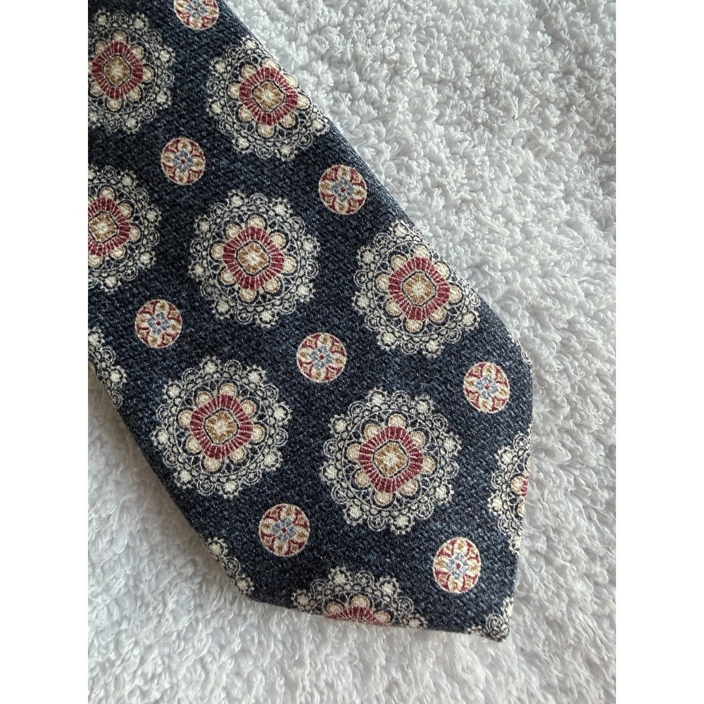 T.M. Lewin	Navy Floral Medallion Print Skinny Hand Made 100% Silk Tie Necktie